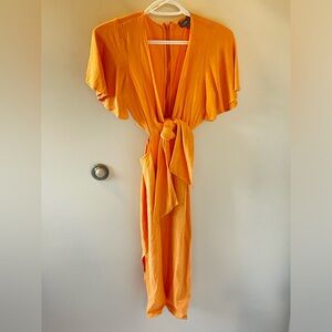 Orange Wrap Flutter Sleeve Midi Dress